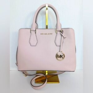 Michael Kors Pink Leather Camille Satchel With Crossbody Strap, MK Charm